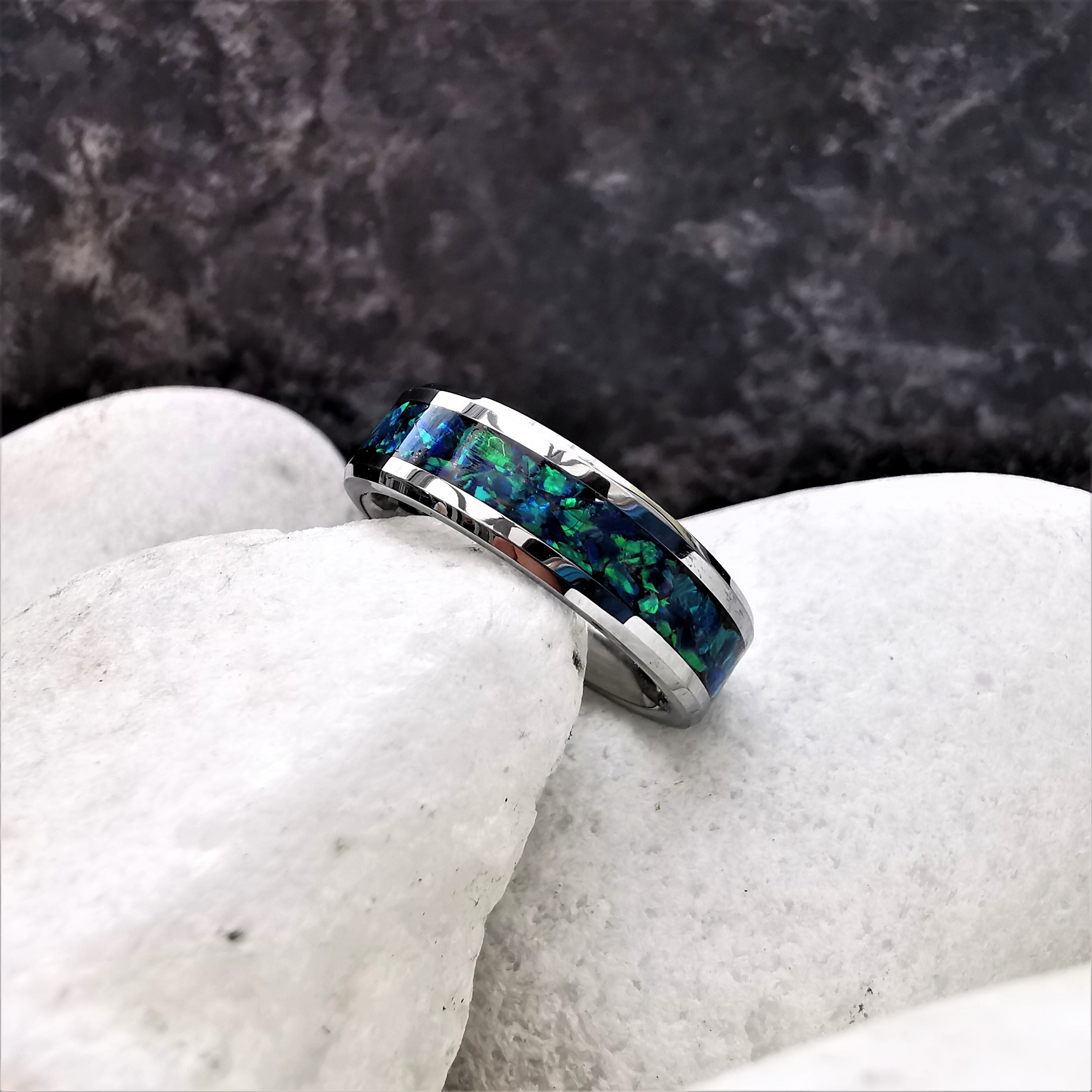 Blue Tungsten Opal Ring Front
