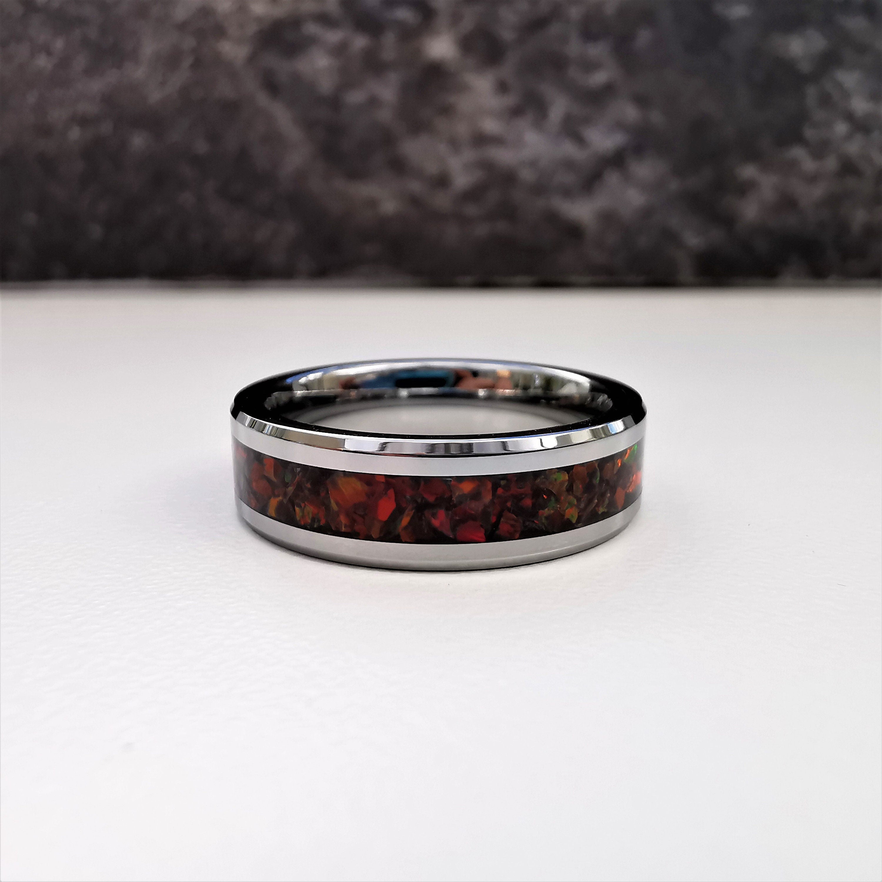 Red Opal Tungsten Ring Flat