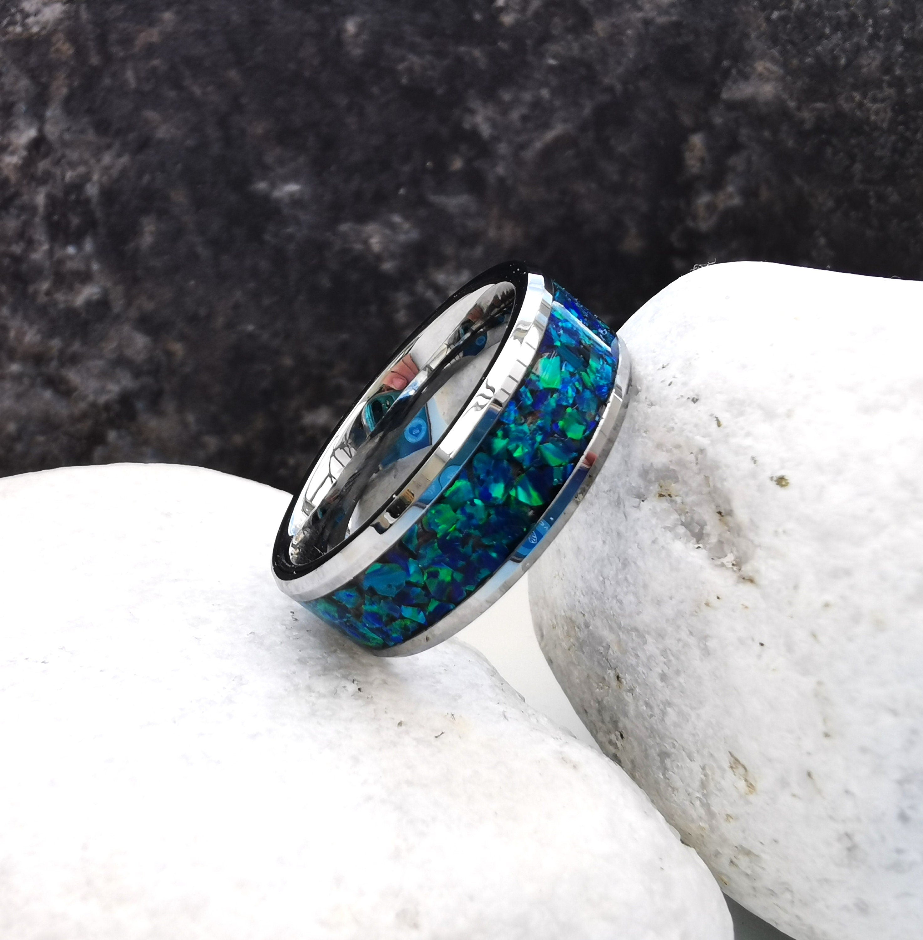 Blue Tungsten Opal Ring Wide