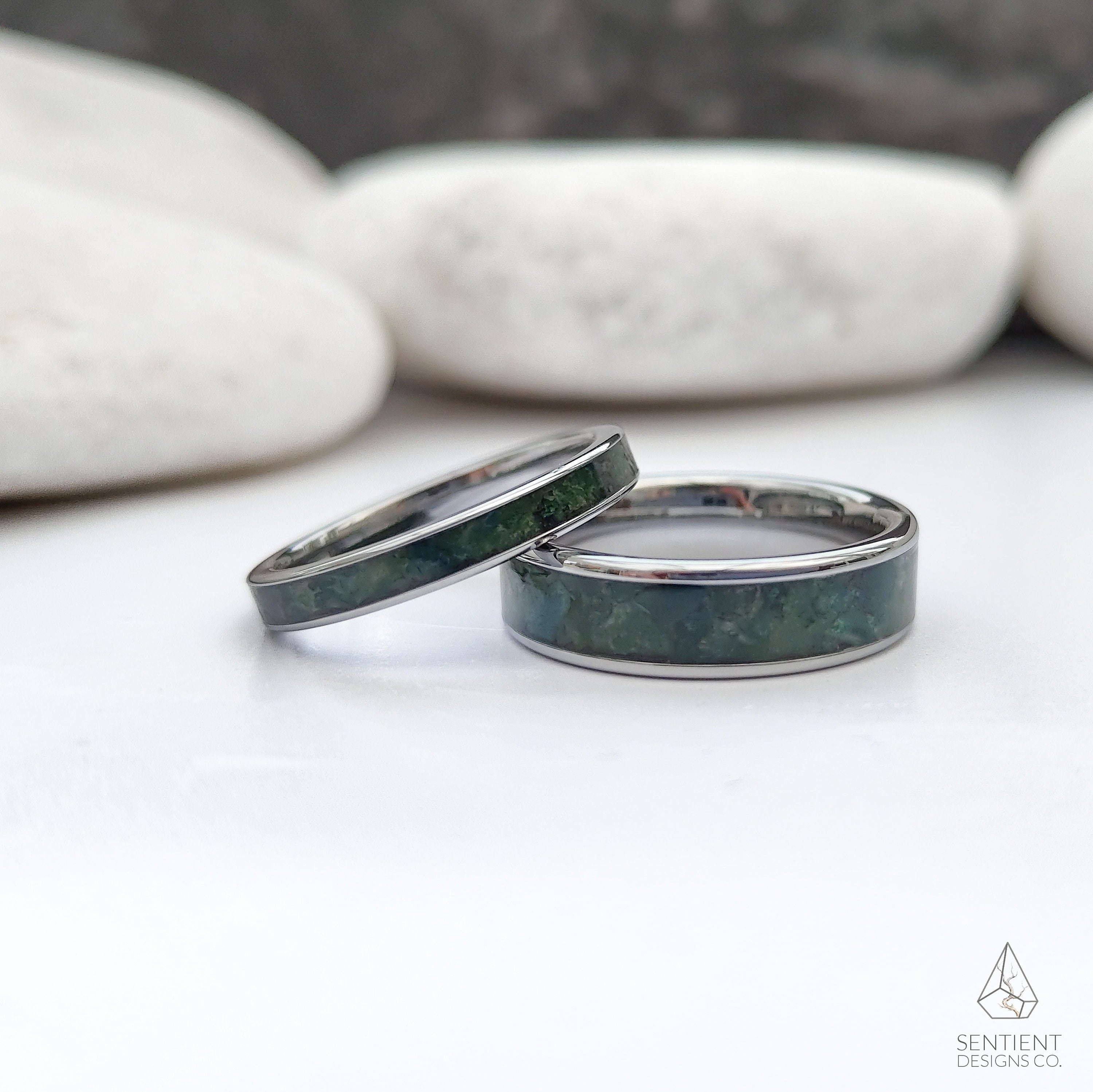 Moss Agate Ring Set Close